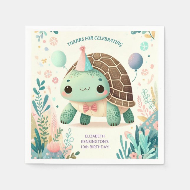 Cheerful Kids Cute Tortoise Birthday Party Napkin (Front)