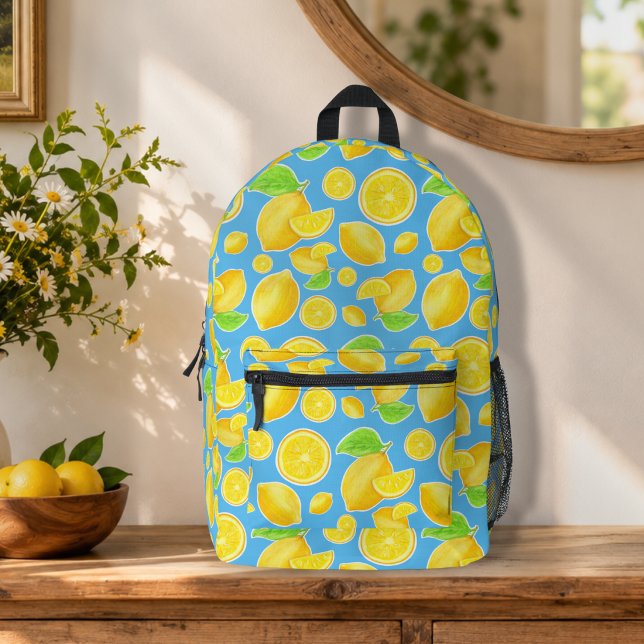 Cheerful Lemon Yellow and Blue Citrus Pattern Printed Backpack (Creator Uploaded)