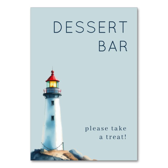 Cheerful Light Blue Watercolor Lighthouse Table Number (Front)