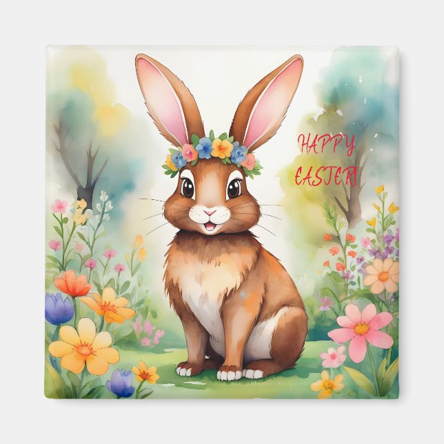 Cheerful little brown bunny 1, Easter Magnet (Front)