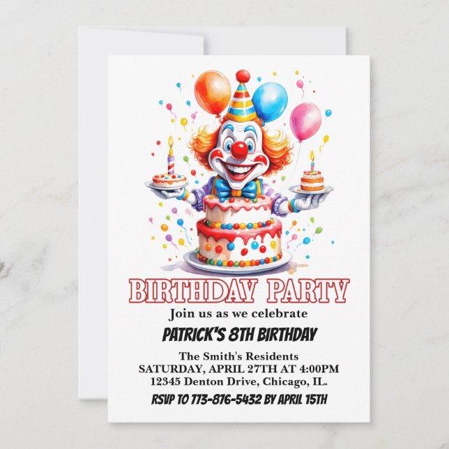Cheerful Little Clown Watercolor Birthday Party Invitation (Front)