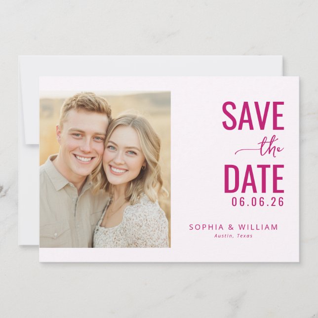 Cheerful Magenta Modern Photo Save The Date (Front)