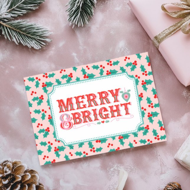 Cheerful Merry & Bright | Retro Pink and Red Holly Holiday Card (Creator Uploaded)