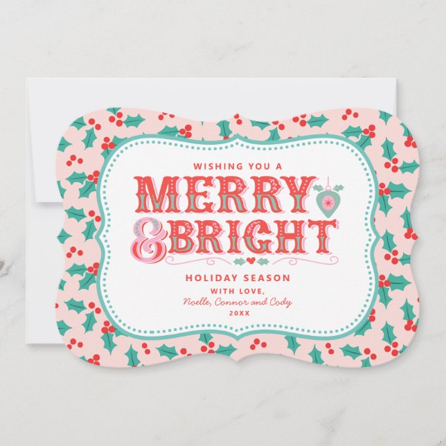 Cheerful Merry & Bright | Retro Pink and Red Holly Holiday Card (Front)