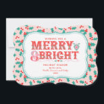 Cheerful Merry & Bright | Retro Pink and Red Holly Holiday Card<br><div class="desc">This card features a cheerful holiday greeting in a modern victorian style typography on a pink and red holly background. You can personalise with  your names and year.</div>
