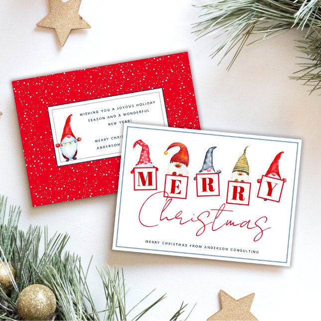 Cheerful Merry Christmas Gnomes Red Business  Holiday Card (Creator Uploaded)