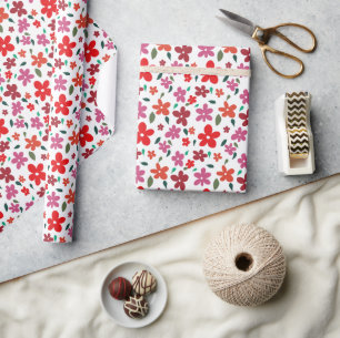 Cheerful Minimalistic Pink Red Flowers Wrapping Paper