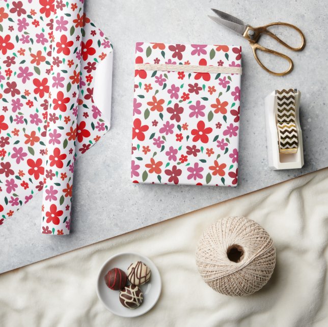 Cheerful Minimalistic Pink Red Flowers Wrapping Paper (Crafts)