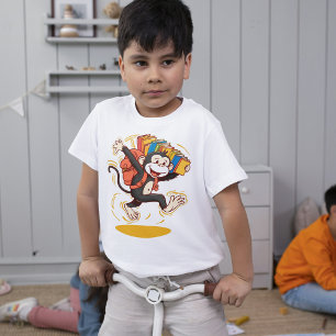 Cheerful Monkey School Cartoon Backpack & Book Fun T-Shirt