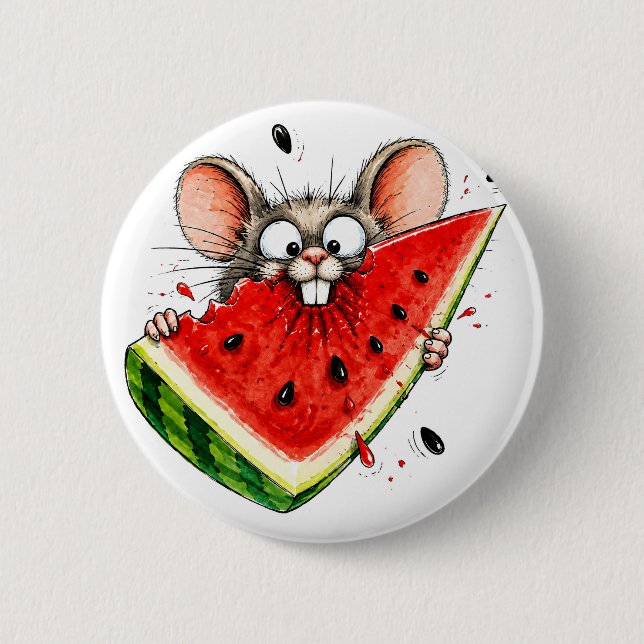 Cheerful mouse eats watermelon 6 cm round badge (Front)