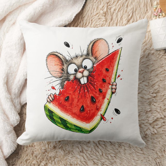 Cheerful mouse eats watermelon cushion (Blanket)