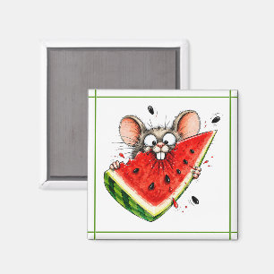 Cheerful mouse eats watermelon magnet