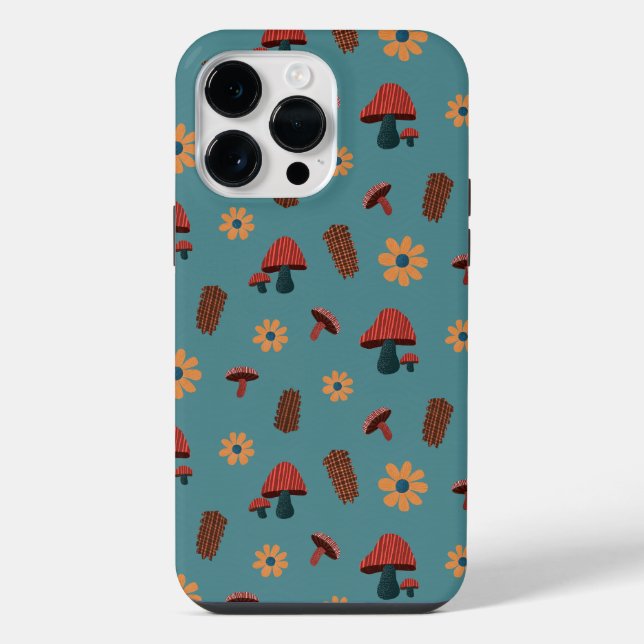 Cheerful Mushroom Nature Lover Pattern (Blue Teal) iPhone Case (Back)