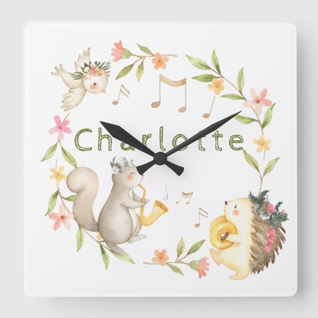 Cheerful Musical Baby Woodland Animal  Square Wall Clock (Front)