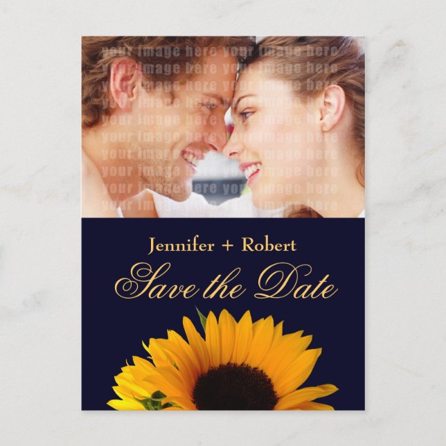 Cheerful Navy Blue Sunflower Save the Date Announcement Postcard (Front)