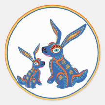 Cheerful Oaxacan Folk Art Rabbits Round Sticker