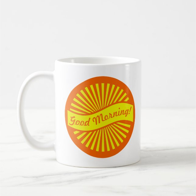 Cheerful Orange and Yellow Sunburst Good Morning Coffee Mug (Left)