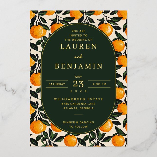 Cheerful Orange Botanical Wedding Invitation (Front)