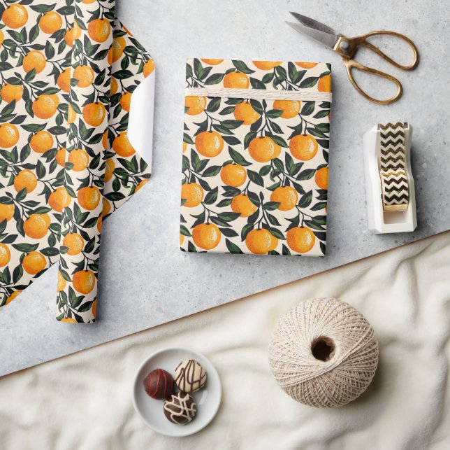 Cheerful Orange Leafy Illustration Wrapping Paper (Crafts)