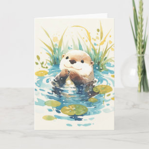 Cheerful Otter Among Lily Pads Card