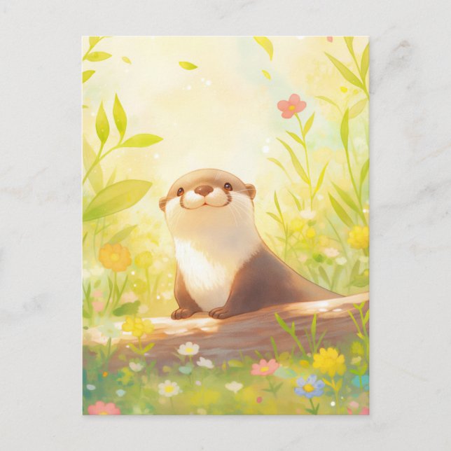 Cheerful Otter in Sunny Spring Meadow Postcard (Front)