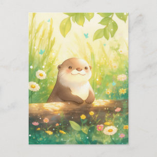 Cheerful Otter in Sunny Spring Meadow Postcard