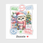 Cheerful Owl Christmas Sticker<br><div class="desc">A whimsical Christmas sticker showcases a cute owl wearing a festive red hat and scarf,  surrounded by colourful presents and a decorated tree. Various holiday stamps emphasize the joyful theme,  spreading cheer for the season of giving.</div>