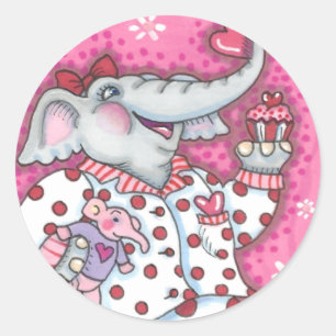 CHEERFUL PACHYDERM IN PINK PAJAMAS, HEART CUPCAKE CLASSIC ROUND STICKER