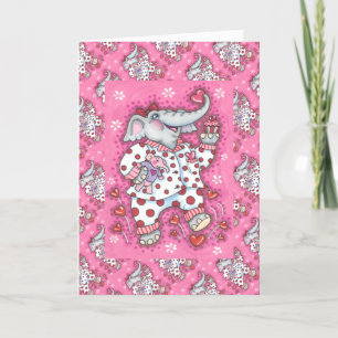 CHEERFUL PACHYDERM IN PINK PAJAMAS, HEART CUPCAKE HOLIDAY CARD