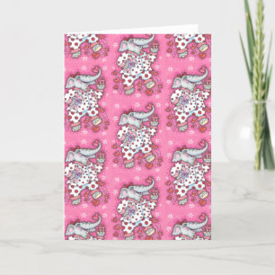 CHEERFUL PACHYDERM IN PINK PAJAMAS, HEART CUPCAKE HOLIDAY CARD