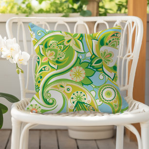Cheerful Paisley Floral Green Yellow Blue Cushion