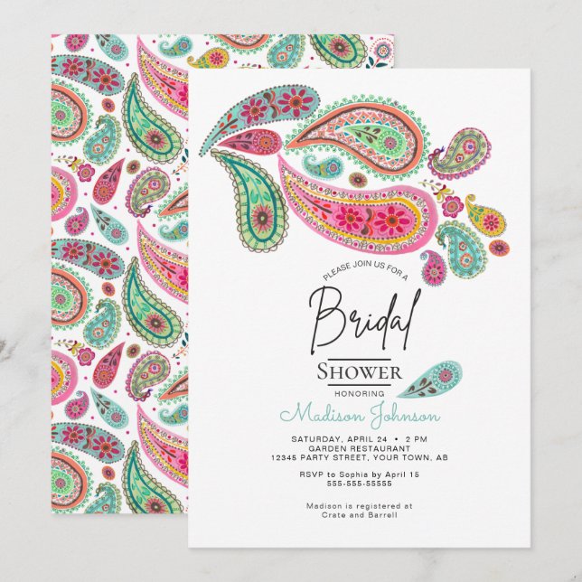 Cheerful Paisley Pink & Turquoise Folk art Floral Invitation (Front/Back)