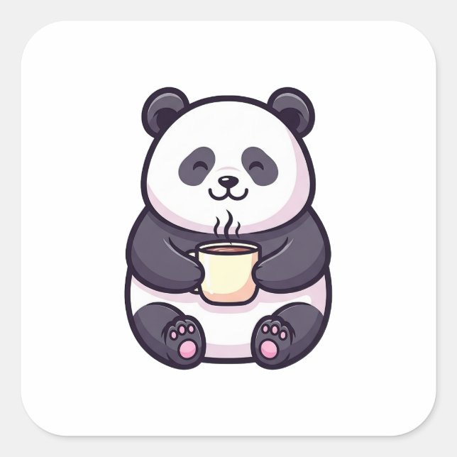 Cheerful Panda with Tea – Cute Whimsical Illustrat Square Sticker (Front)