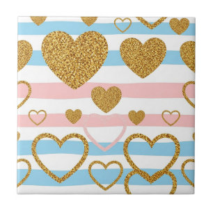 Cheerful Pastel Heart Stripe with Gold Details Tile