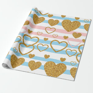 Cheerful Pastel Heart Stripe with Gold Details Wrapping Paper