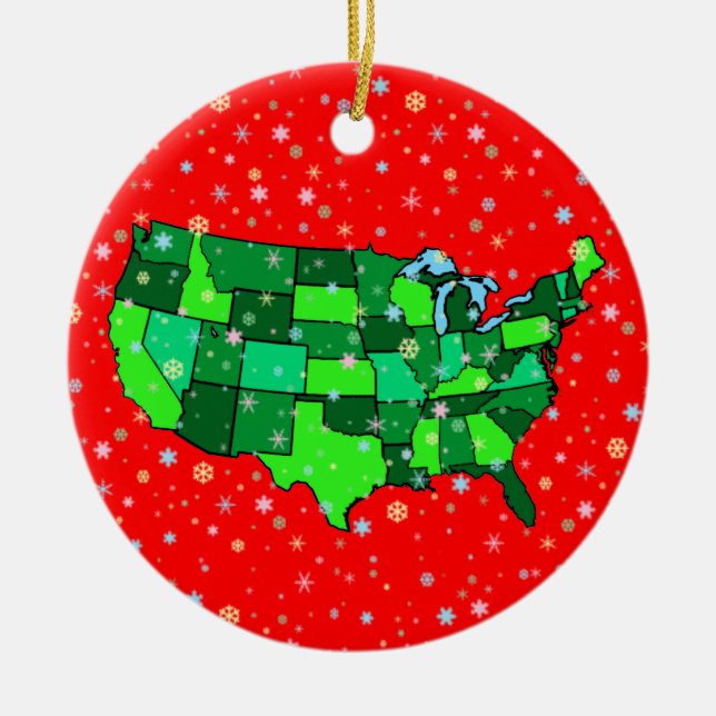 Cheerful Pastel Snowflakes and United States Map Ceramic Tree Decoration (Front)