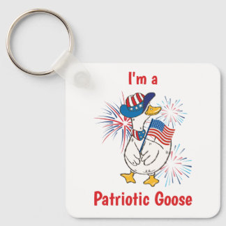 Cheerful Patriotic Goose With Flag And Fireworks Key Ring