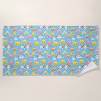 Cheerful Pattern with Smiling Clouds and Rainbow Beach Towel