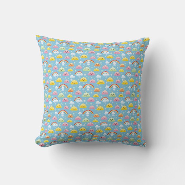 Cheerful Pattern with Smiling Clouds and Rainbow Cushion (Front)