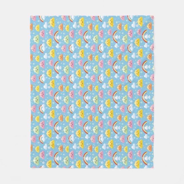 Cheerful Pattern with Smiling Clouds and Rainbow Fleece Blanket (Front)