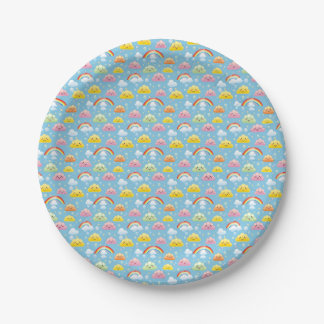 Cheerful Pattern with Smiling Clouds and Rainbow Paper Plate