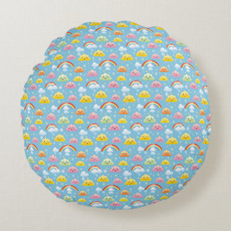 Cheerful Pattern with Smiling Clouds and Rainbow Round Cushion