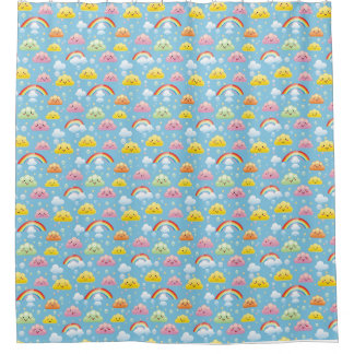 Cheerful Pattern with Smiling Clouds and Rainbow Shower Curtain