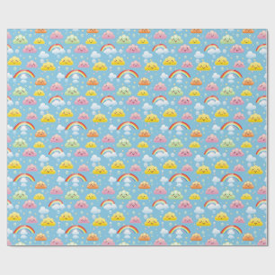 Cheerful Pattern with Smiling Clouds and Rainbow Wrapping Paper