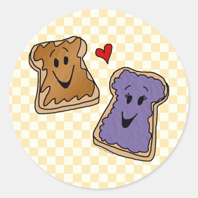 Cheerful Peanut Butter and Jelly Cartoon Friends Classic Round Sticker (Front)