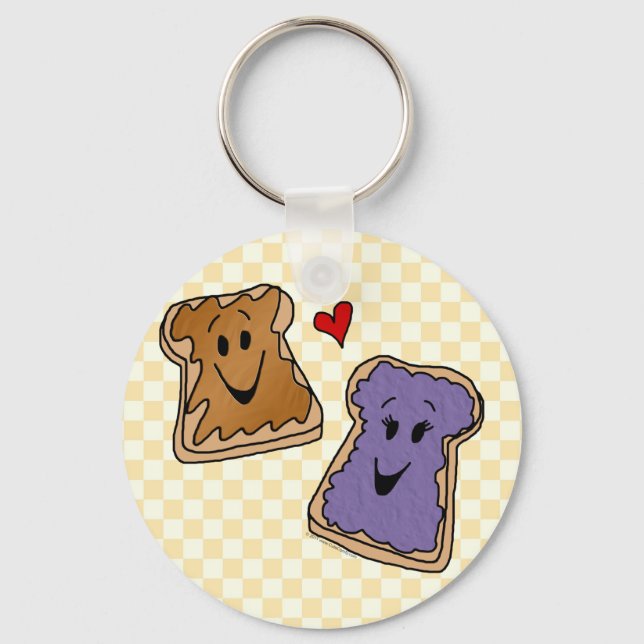 Cheerful Peanut Butter and Jelly Cartoon Friends Key Ring (Front)