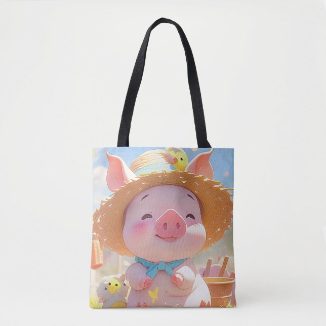 Cheerful Piglet with a Hat Tote Bag (Front)
