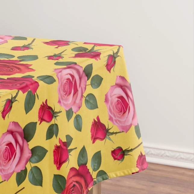 Cheerful Pink And Red Roses On A Sunny Yellow  Tablecloth (In Situ)