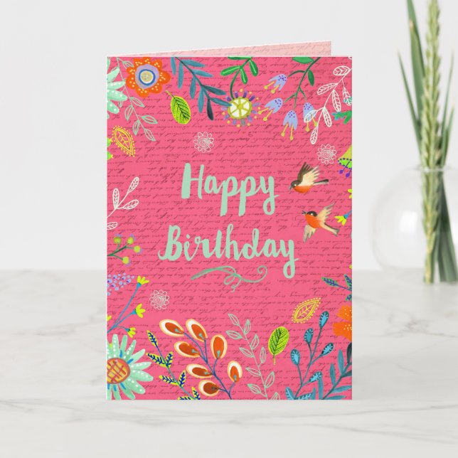 Cheerful Pink Happy Birthday Country Flowers Card (Front)