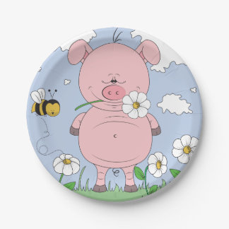 Cheerful Pink Pig Cartoon Paper Plate